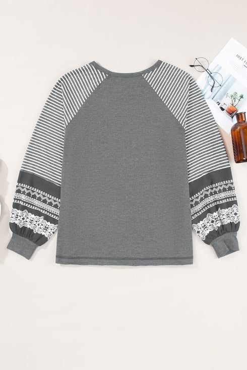 Contrast Print Striped Raglan Crew Neck Loose Long Sleeve Top